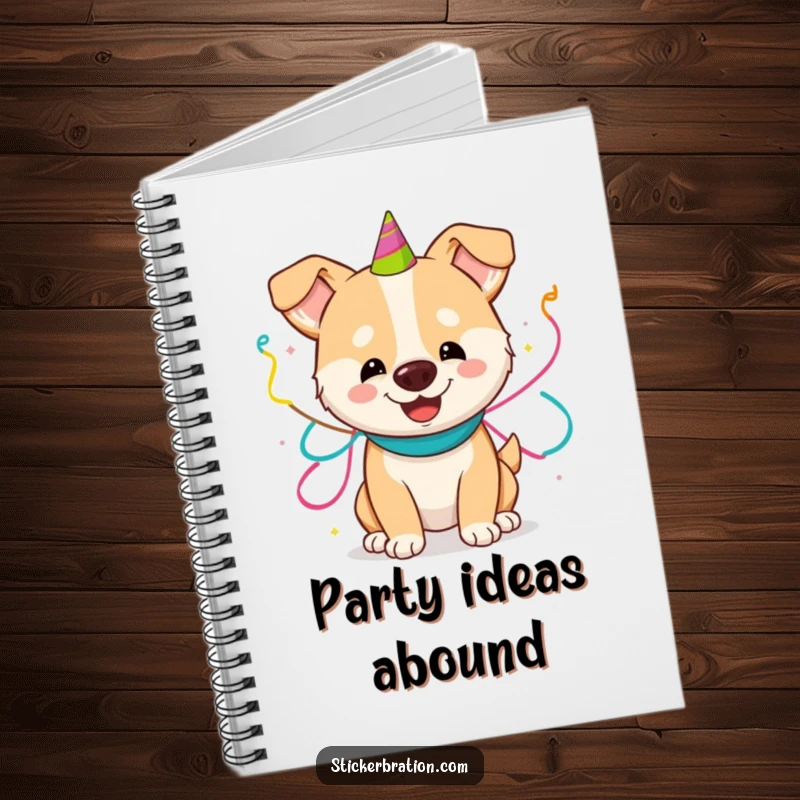 Funny notebook cover depicting a happy dog playfully adorned with party streamers, symbolizing joyful planning and festive celebrations.
