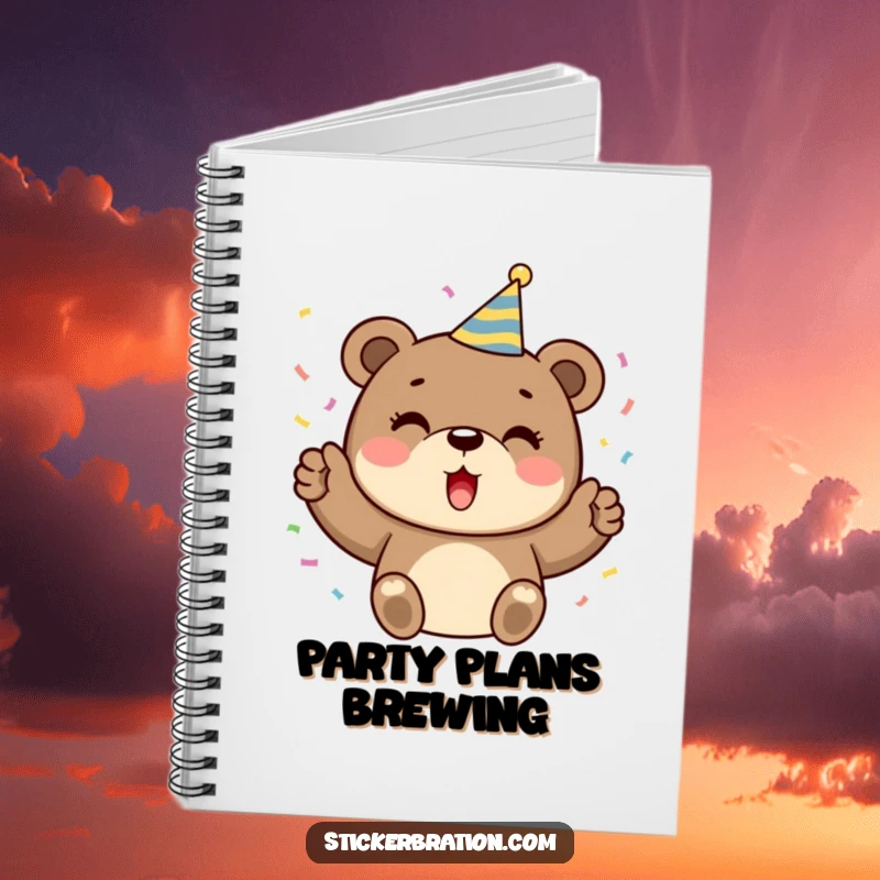 Funny notebook cover depicting a cute bear in a party hat, joyfully cheering and scattering confetti, symbolizing celebratory ideas.