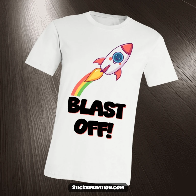 Funny rocket t-shirt showing a cheerful rocket leaving a colorful rainbow trail against a starry sky, symbolizing fun and ambition.