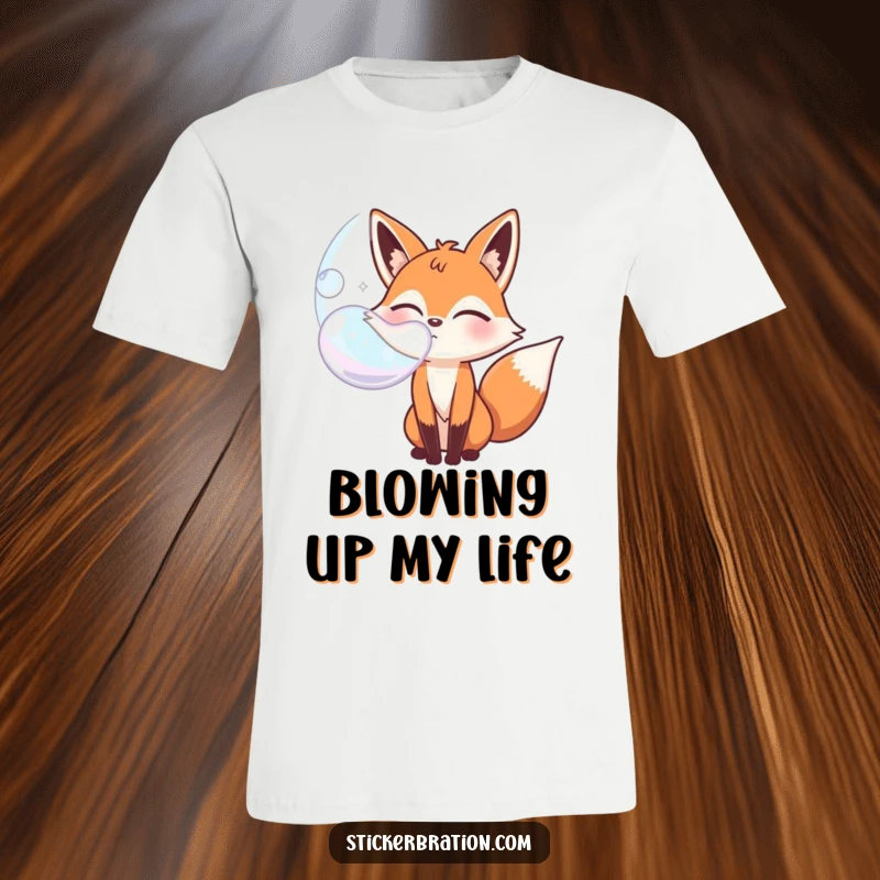 Funny bubbly fox character t-shirt winking while blowing a giant bubble, perfect for fun casual wear.