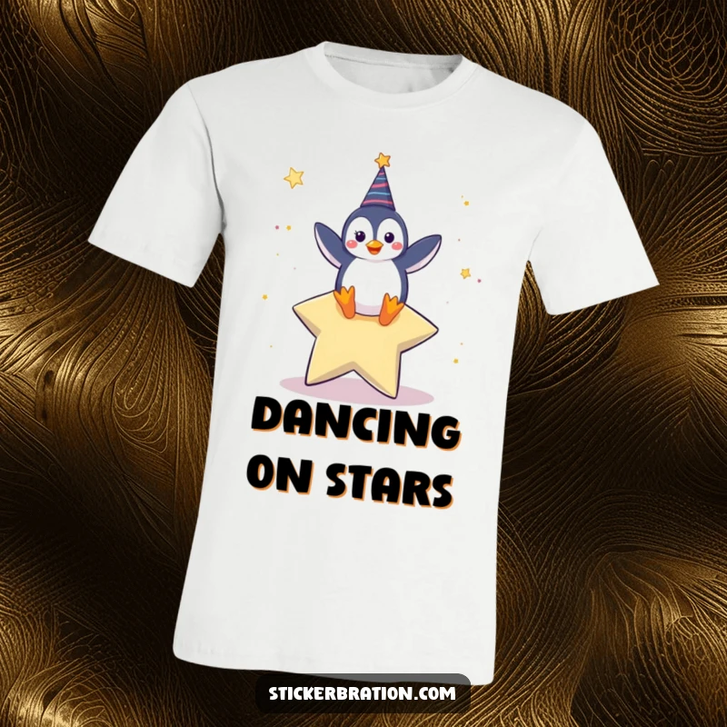 Funny t-shirt depicting a jubilant penguin character doing a celebratory dance upon a giant, shining star.