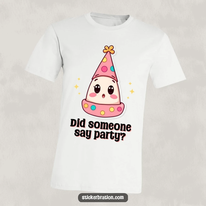 Funny t-shirt featuring a party hat character with wide eyes popping open in a hilarious expression of pure surprise and excitement.