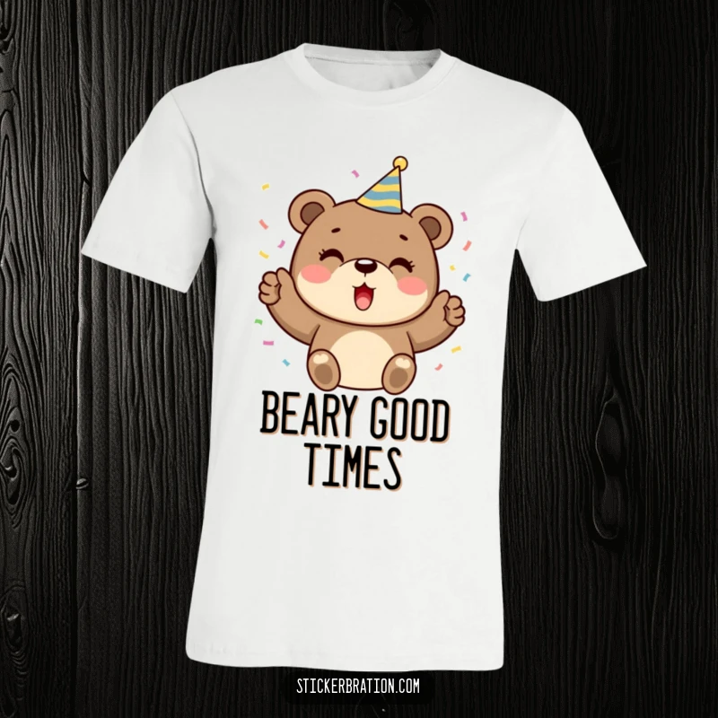 Funny t-shirt depicting a cute bear in festive attire, donning a party hat and tossing confetti with sheer, unadulterated celebratory glee.