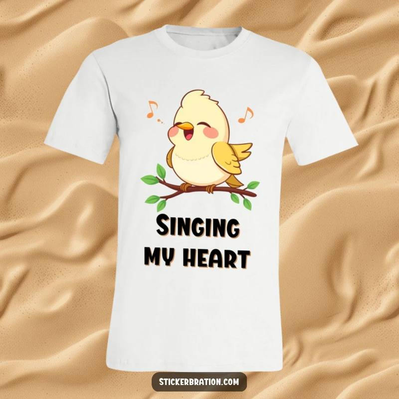 Funny Bird Song T-Shirt: A cheerful bird happily sings a tune while sitting on a tree branch.