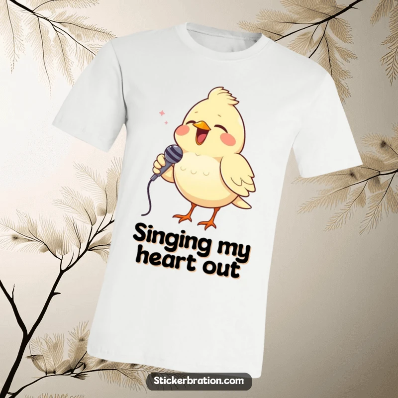 Funny t-shirt showing a cheerful bird singing into a small microphone, ideal for expressing musical passion.