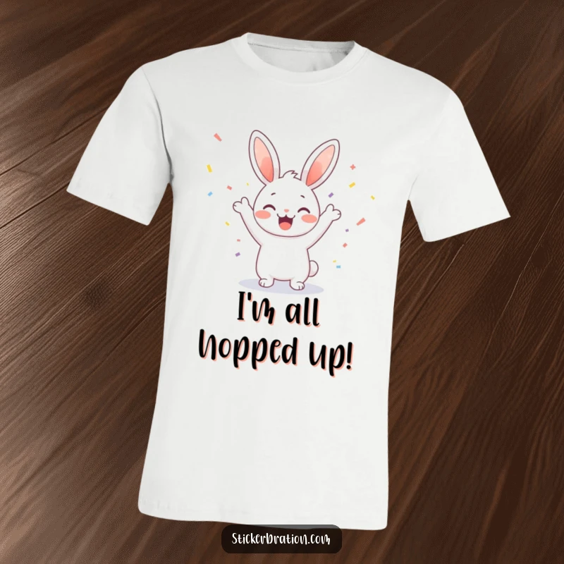 Funny t-shirt showcasing a jubilant bunny character cheering enthusiastically with colorful confetti raining down, perfect for party lovers.