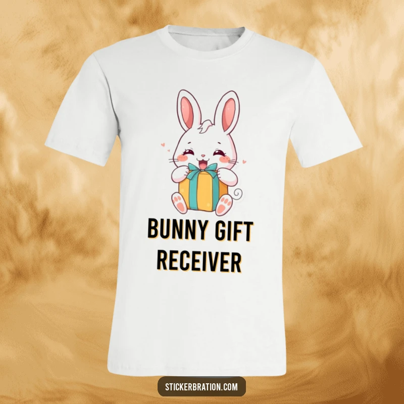 Funny t-shirt featuring a chubby bunny character enthusiastically unwrapping a brightly colored gift, radiating pure joy and excitement.