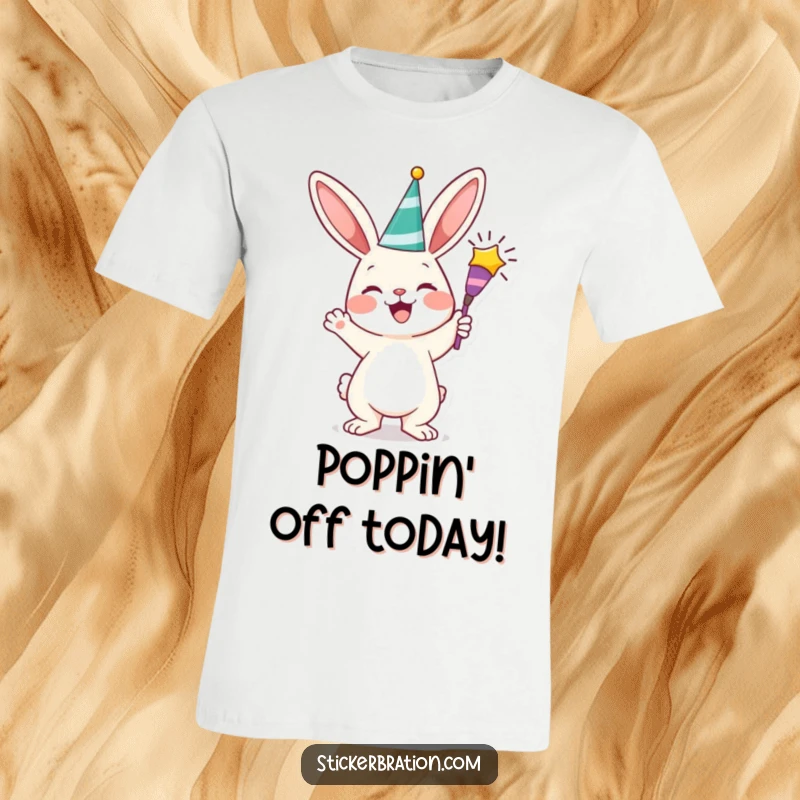 Funny bunny t-shirt with a cheerful character triumphantly holding a bursting party popper filled with confetti, embodying pure celebratory fun.
