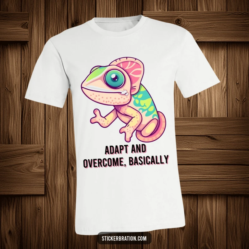 Funny chameleon t-shirt featuring a cute, ecstatic chameleon mid-color change, radiating happiness and vibrant energy.