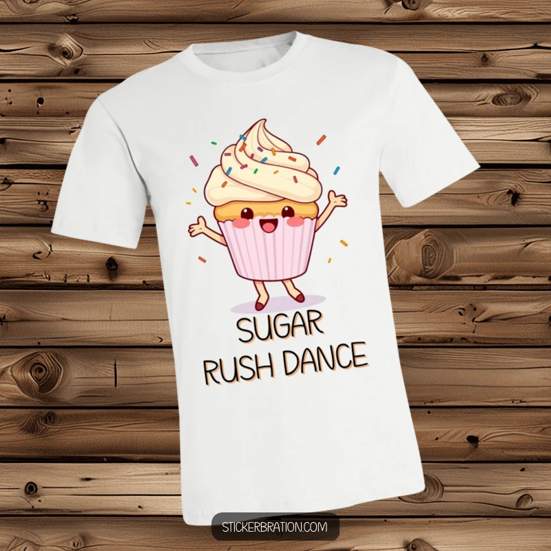 Funny cupcake t-shirt featuring a dancing character happily raining sprinkles, embodying joy and a love for sweet treats.