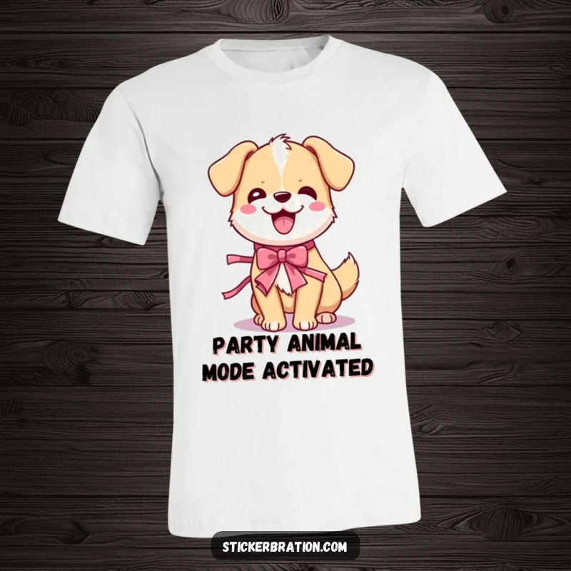 Funny dog wiggle t-shirt showcasing a cute cartoon dog energetically shaking with a party ribbon, radiating pure celebratory joy.