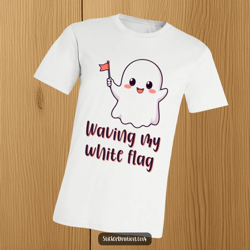 Funny t-shirt with a cute, happy ghost character enthusiastically waving a miniature flag, radiating friendly vibes.