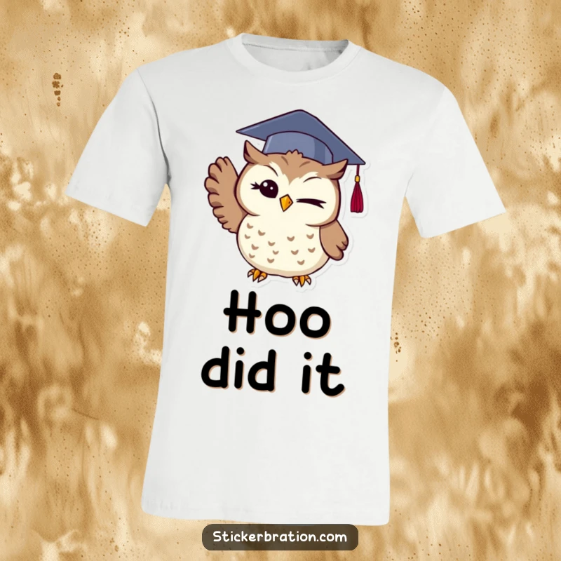 Funny owl t-shirt featuring a winking character in a graduation cap, tossing it triumphantly into the air with a proud expression.