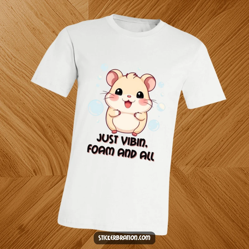 Funny hamster t-shirt showcasing a happy character bursting with joy, surrounded by a whimsical cloud of bubbles. Playful and lighthearted.