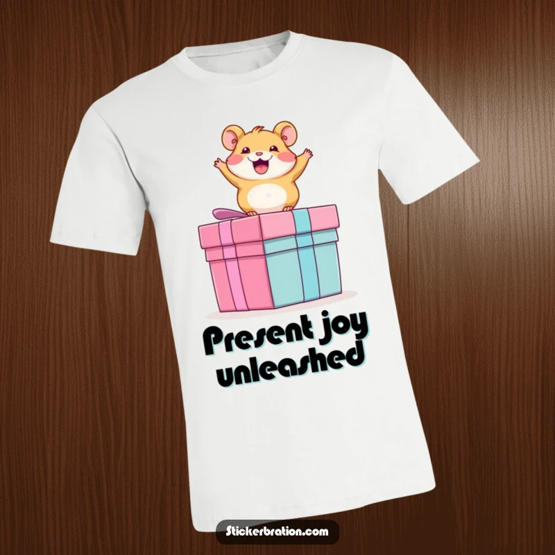 Funny t-shirt graphic of a hyperactive hamster joyfully leaping and bouncing on a massive present box, full of glee.