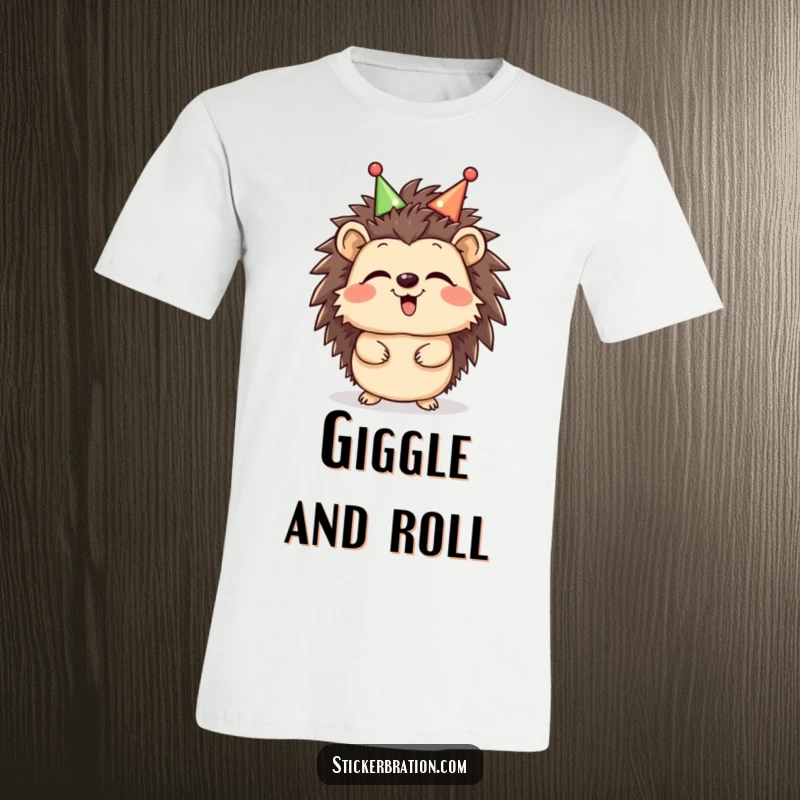 Funny Hedgehog T-Shirt featuring a giggling hedgehog wearing a celebratory headband, expressing pure delight and a love for fun, great for casual wear.