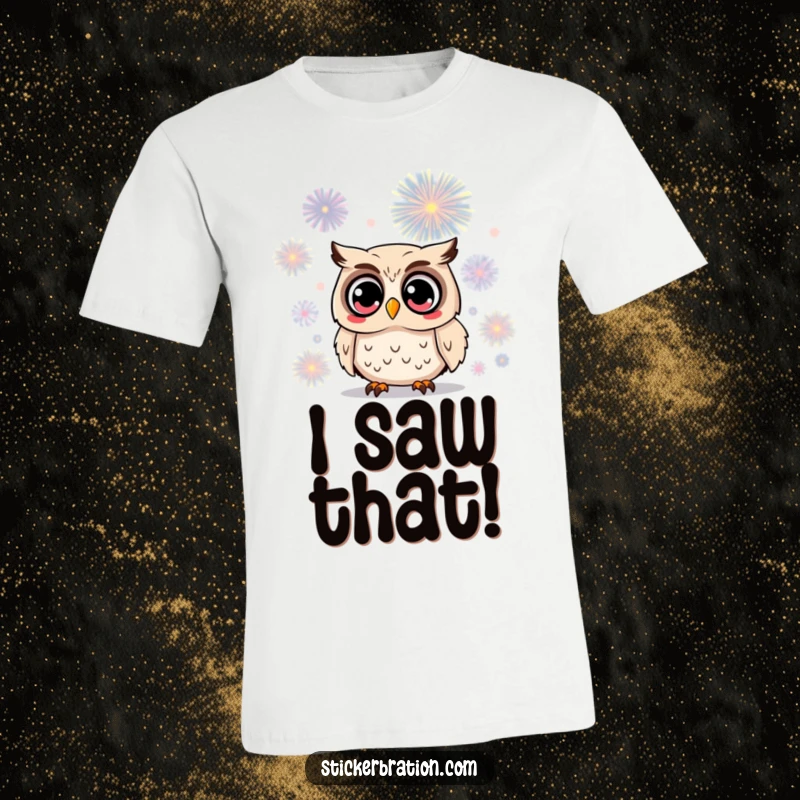 Funny owl t-shirt with a surprised character's wide eyes fixated on a dazzling firework, embodying a moment of pure, speechless wonder.