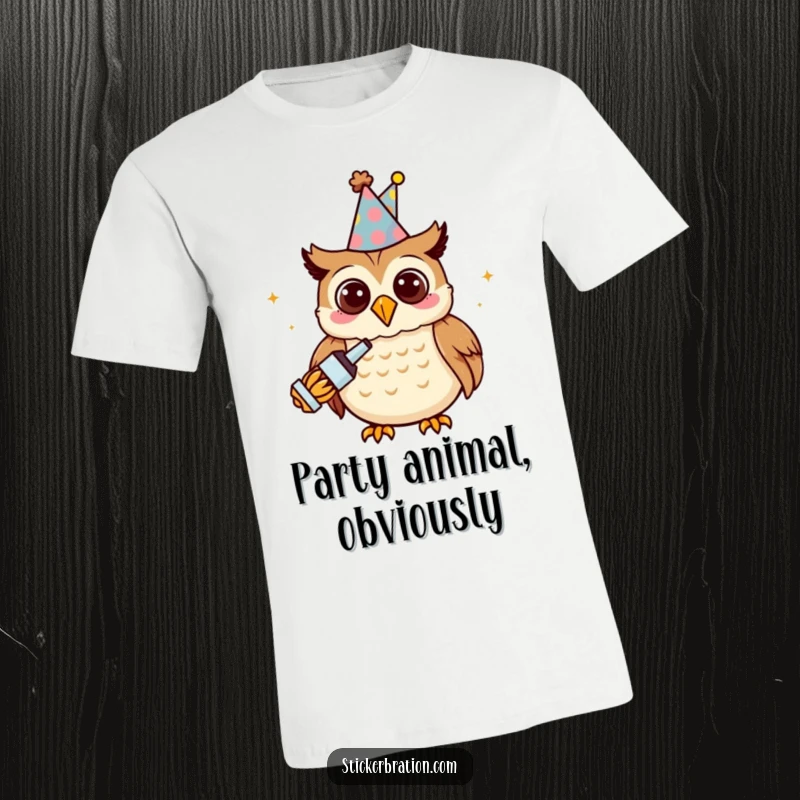 Funny owl character on a t-shirt, wearing a party hat and holding a noisemaker, looking delighted.