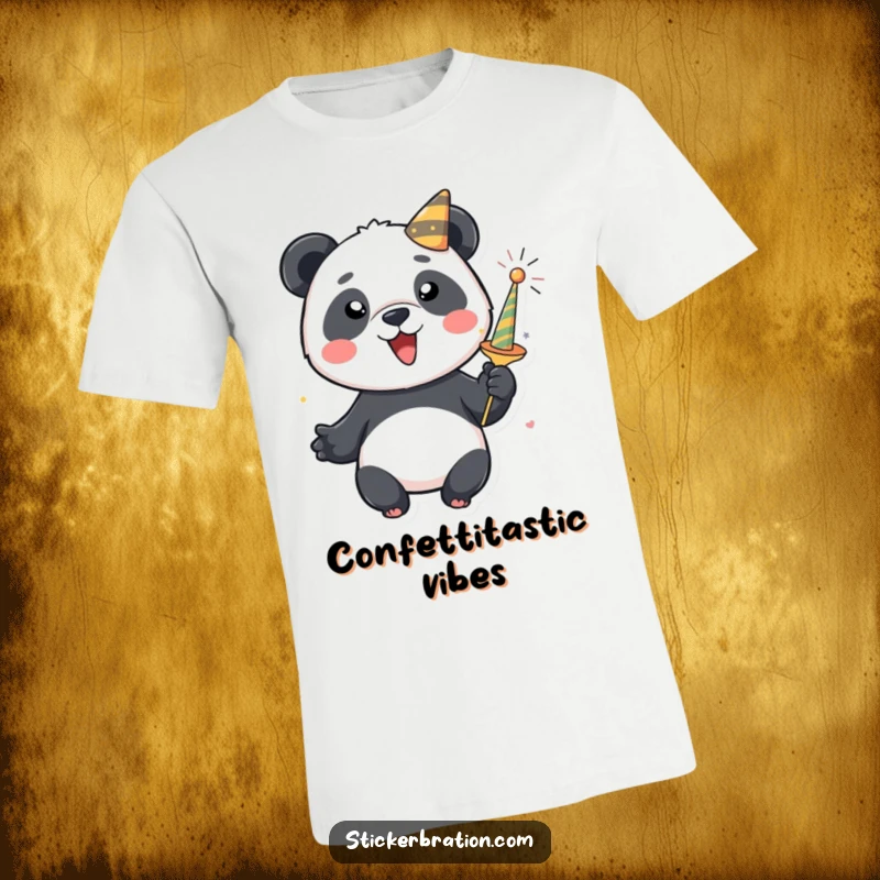 Funny panda t-shirt depicting a joyful character unleashing a vibrant party popper. Energetic and celebratory apparel.
