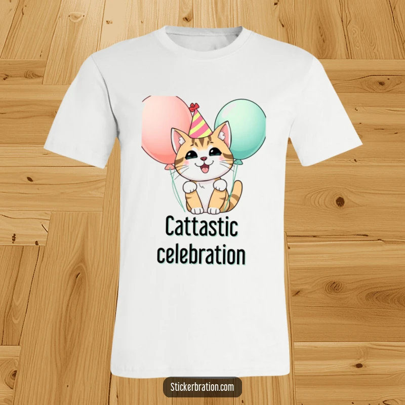 Funny t-shirt with a happy cat in a party hat, peeking playfully from behind a cluster of balloons, radiating festive fun.