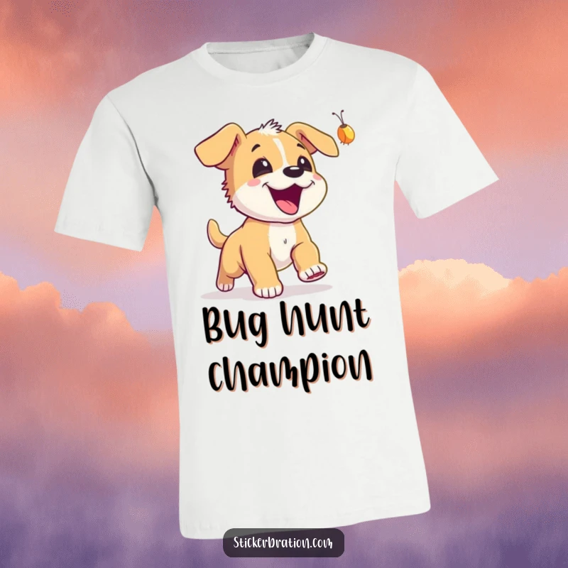 Funny Puppy Firefly T-Shirt: A happy puppy leaps with excitement, chasing a bright firefly on a warm evening.