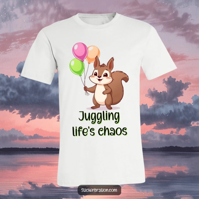 Funny squirrel t-shirt with a mischievous character skillfully juggling several brightly colored balloons, conveying a sense of playful energy and skill.