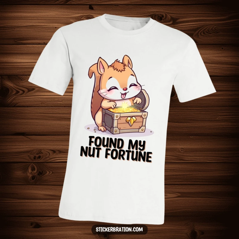 Funny Squirrel Treasure T-Shirt: A curious squirrel is surprised by a shiny treasure chest, a hilarious tee for adventurers.