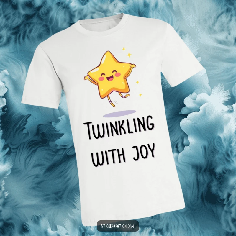 Funny t-shirt featuring a smiling star character doing a joyful dance, leaving a shimmering trail of sparkles, radiating happiness.