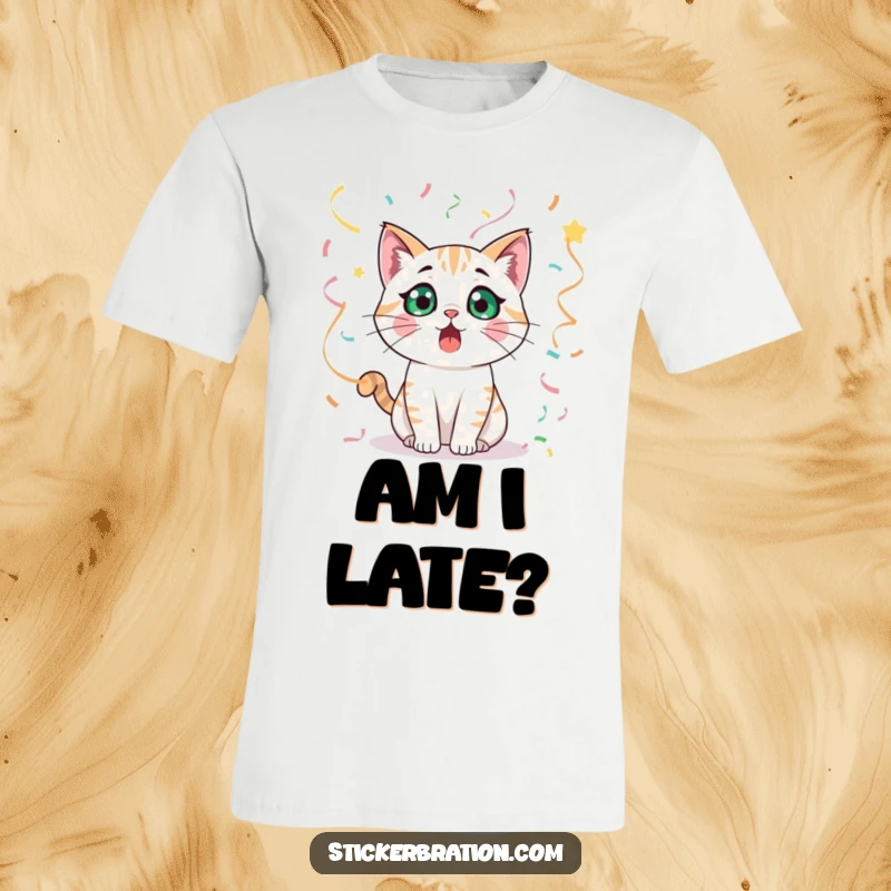 Funny cat character looking surprised with wide eyes, surrounded by festive streamers on a t-shirt.