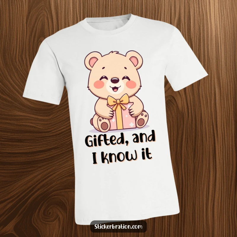 Funny bear cub t-shirt depicting a character excitedly unwrapping a gift box, symbolizing joy and anticipation.