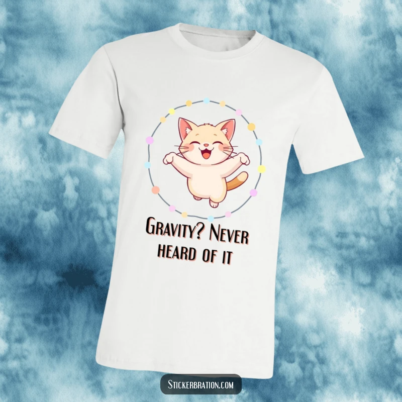 Funny cat t-shirt with a smiling cat enthusiastically jumping through a bright hoop of festive lights, capturing playful energy and humor.