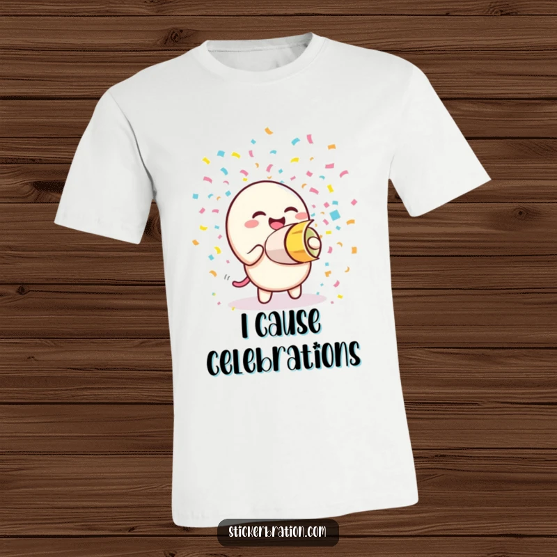 Funny t-shirt featuring a giggling confetti cannon character joyfully launching a vibrant explosion of colorful paper streams, perfect for parties.