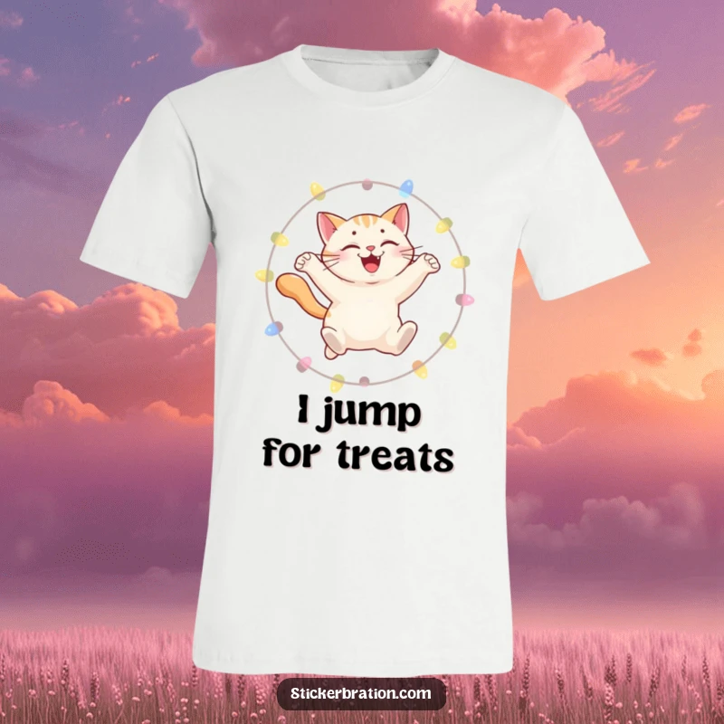 Funny t-shirt showing a smiling cat leaping through a hoop of shiny lights, ideal for expressing feline adoration.