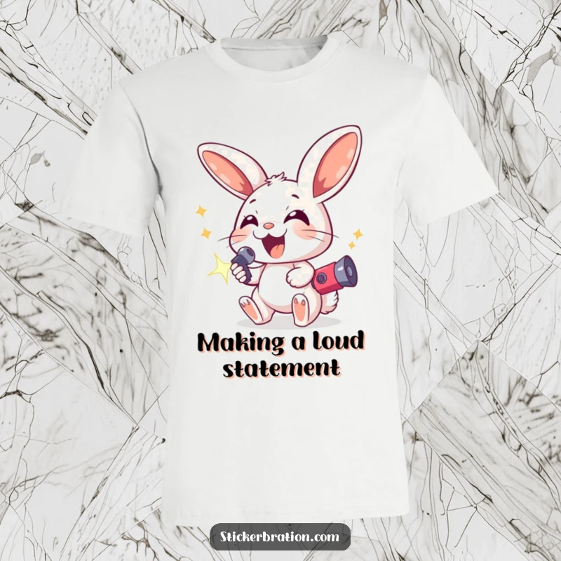 Funny t-shirt featuring an excited bunny with oversized ears, holding a sparkling noisemaker, radiating energetic celebration and happiness.