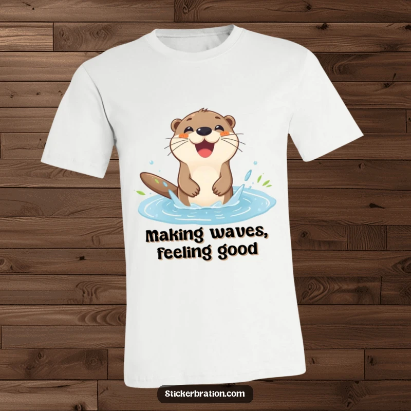 Funny otter t-shirt featuring a happy character splashing in a puddle, conveying pure joy and carefree fun.