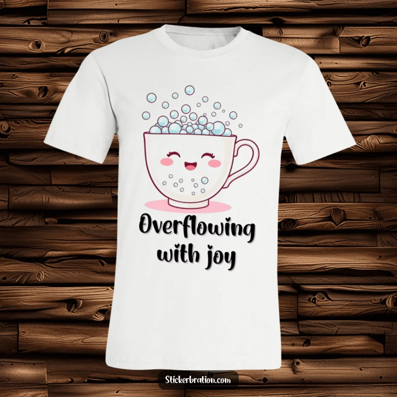 Funny t-shirt depicting a happy teacup character cheerfully overflowing with a cascade of tiny bubbles, embodying playful and humorous delight.