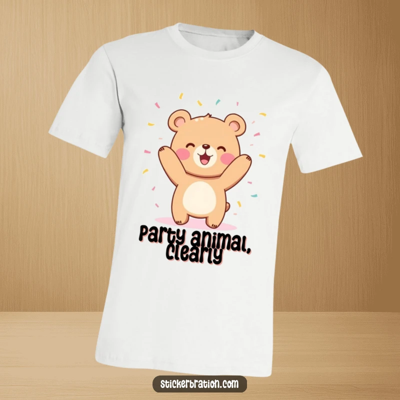 Funny cute bear character t-shirt joyfully tossing confetti in the air, ideal for festive occasions and gifting.