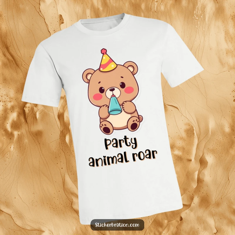 Funny t-shirt featuring a cute bear character in a party hat, enthusiastically blowing a noisemaker, perfect for spreading cheer.