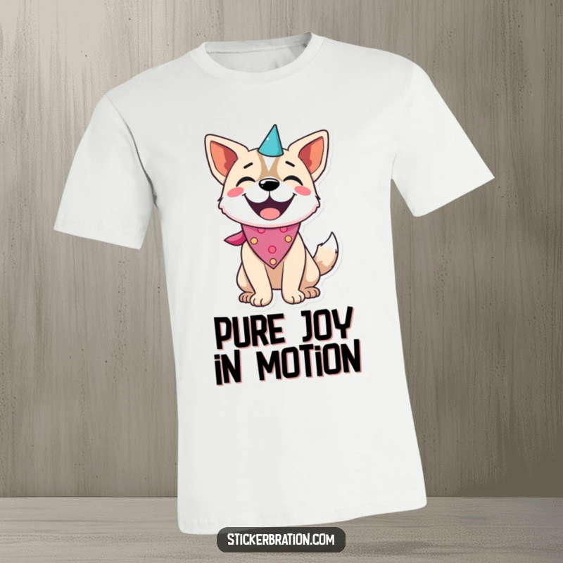 Funny dog character on a t-shirt, wearing a party bandana and wagging its tail with enthusiasm.