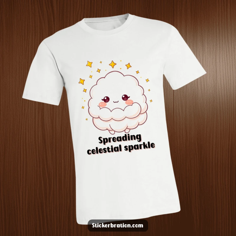 Funny t-shirt showcasing a fluffy cloud character playfully showering sparkling golden stars, embodying celestial whimsy and humor.