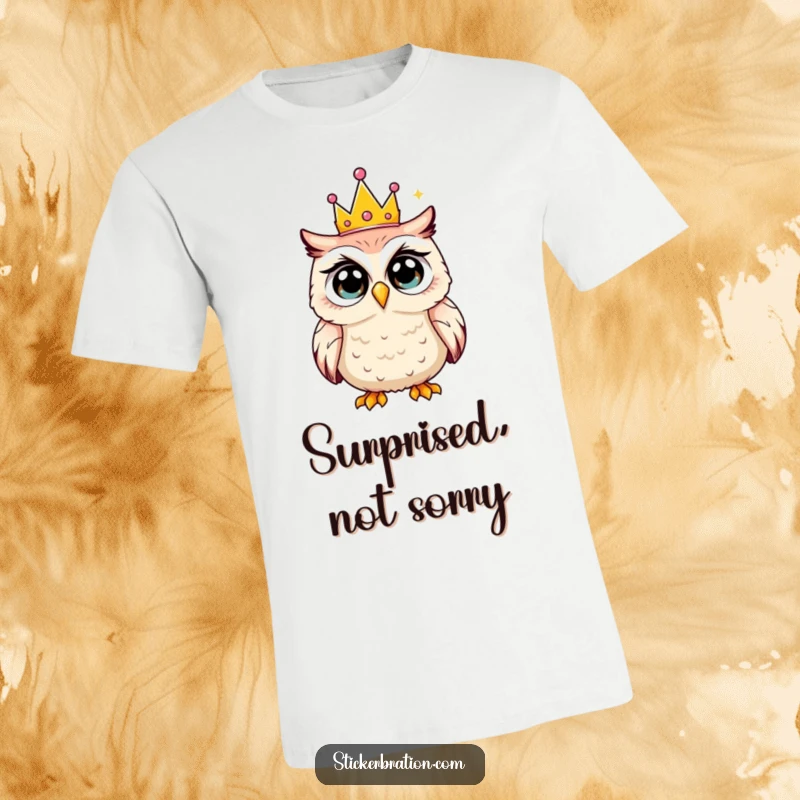 Funny t-shirt showing a shocked owl with big eyes wearing a small party crown, perfect for humorous casual wear.