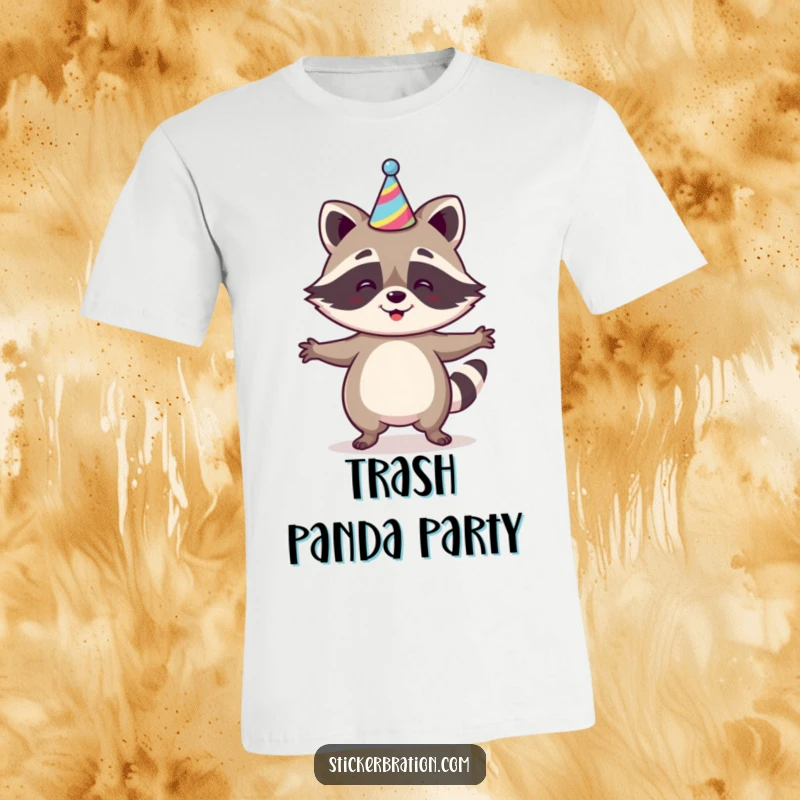 Funny Raccoon T-Shirt featuring a happy raccoon doing a jig with a party hat, expressing excitement and a love for celebration, great for parties.