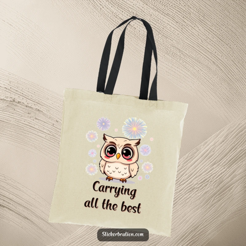Funny owl tote bag featuring a surprised character with wide, amazed eyes watching a spectacular firework, perfect for carrying daily essentials with wonder.