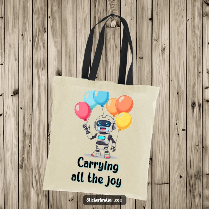 Funny tote bag showcasing a cute, busy robot character happily juggling a bouquet of colorful balloons with a determined beep, a playful accessory.