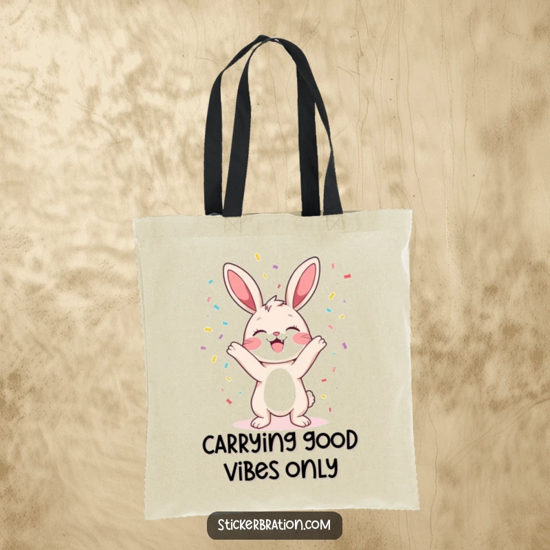 Funny bunny tote bag with a character gleefully tossing confetti, ideal for shopping and carrying party supplies.