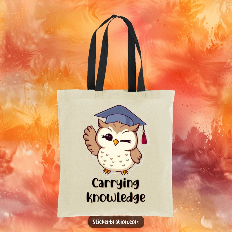 Funny owl tote bag featuring a winking graduate owl wearing a cap and tossing it up, perfect for carrying essentials with wisdom.