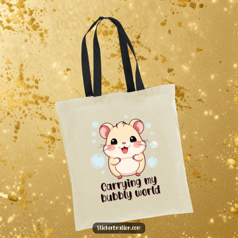 Funny hamster tote bag displaying a beaming character immersed in a delightful sea of shimmering bubbles. Spacious and stylish.