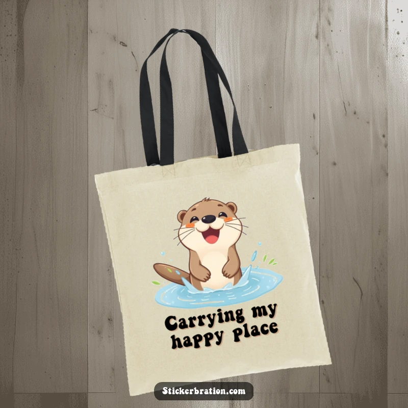 Funny otter tote bag with a happy character splashing in a puddle, perfect for shopping and carrying essentials.