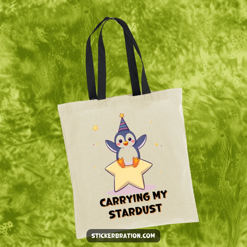 Funny tote bag with a happy penguin character dancing on a giant star, perfect for carrying essentials with cheer.