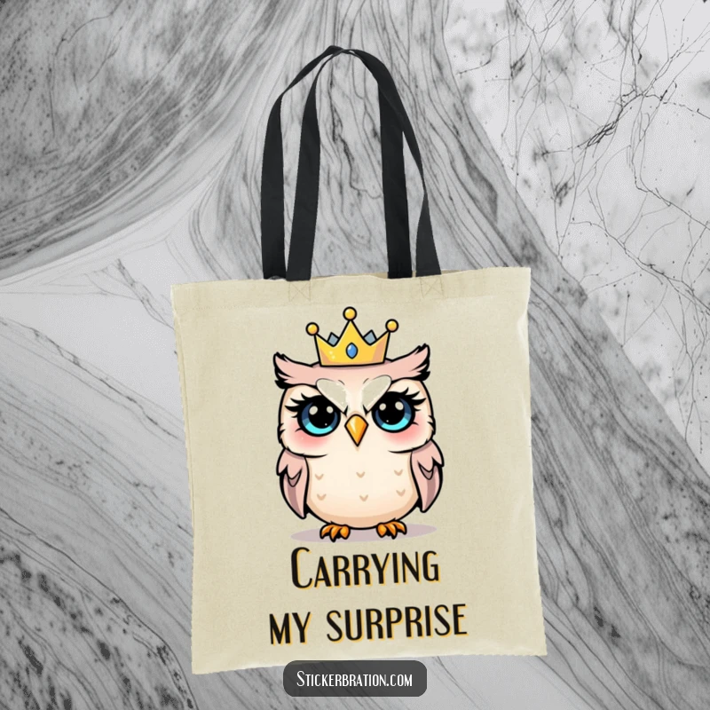 Funny tote bag showing a surprised owl wearing a small party crown, ready for unexpected fun.